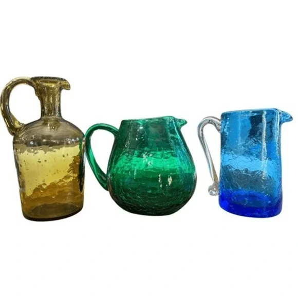 Vintage Crackle Glass Bud Vase Set Amber Green Blue Mini Pitcher Trio - Picture 2 of 15